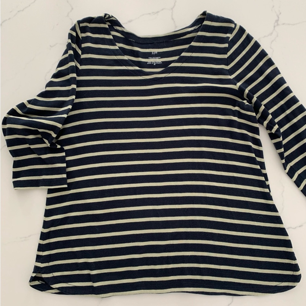 J. Jill Pima MP 3/4-Sleeve Pima Cotton V-Neck Tee Navy Blue/Cream Stripe New